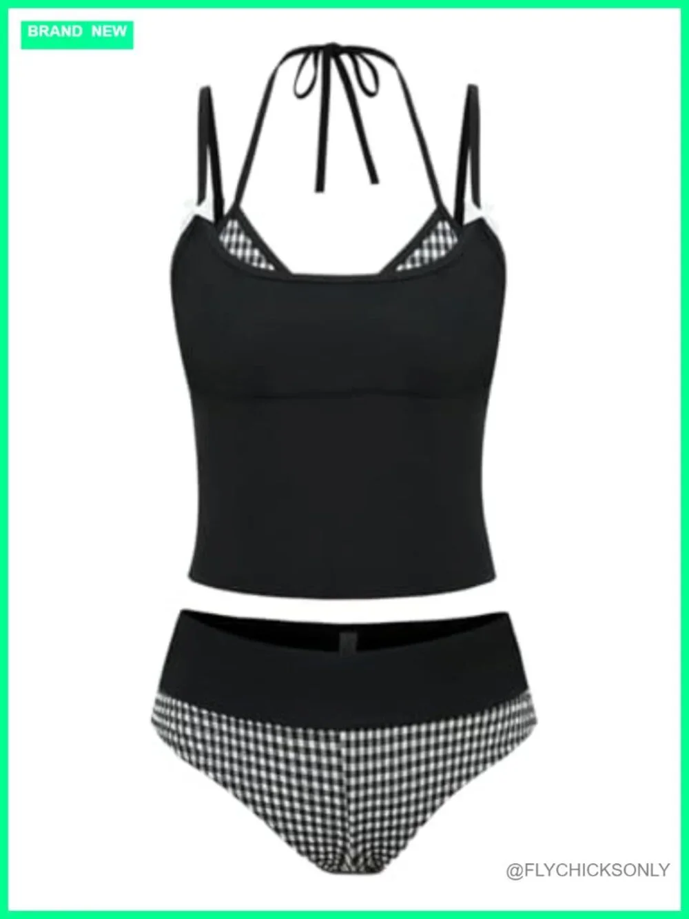 Smocked Lace Patchwork Bow Tie Side String Tankini Set Two Piece Swimsuit
